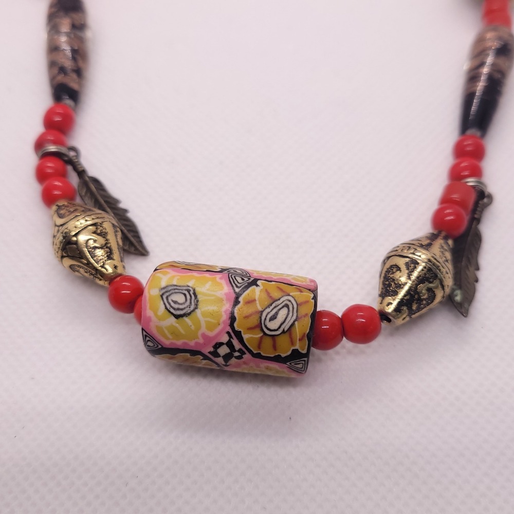 Red Beaded Necklace Floral Focal Brass Leaf Charms Boho Artisan Statement